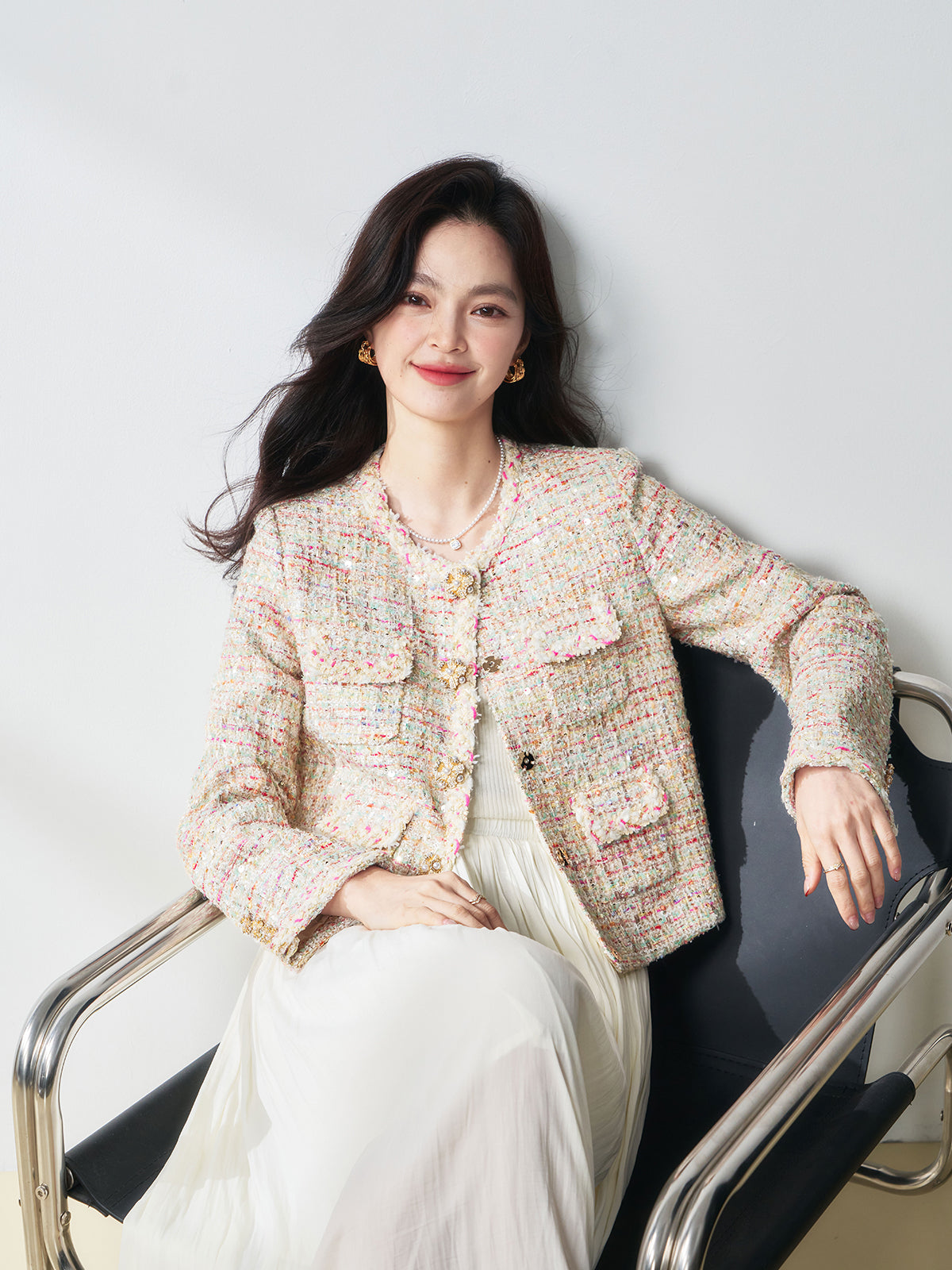 2025 Sequin Tweed Jacket – Rhinestone Buttons, Elegant & Youthful