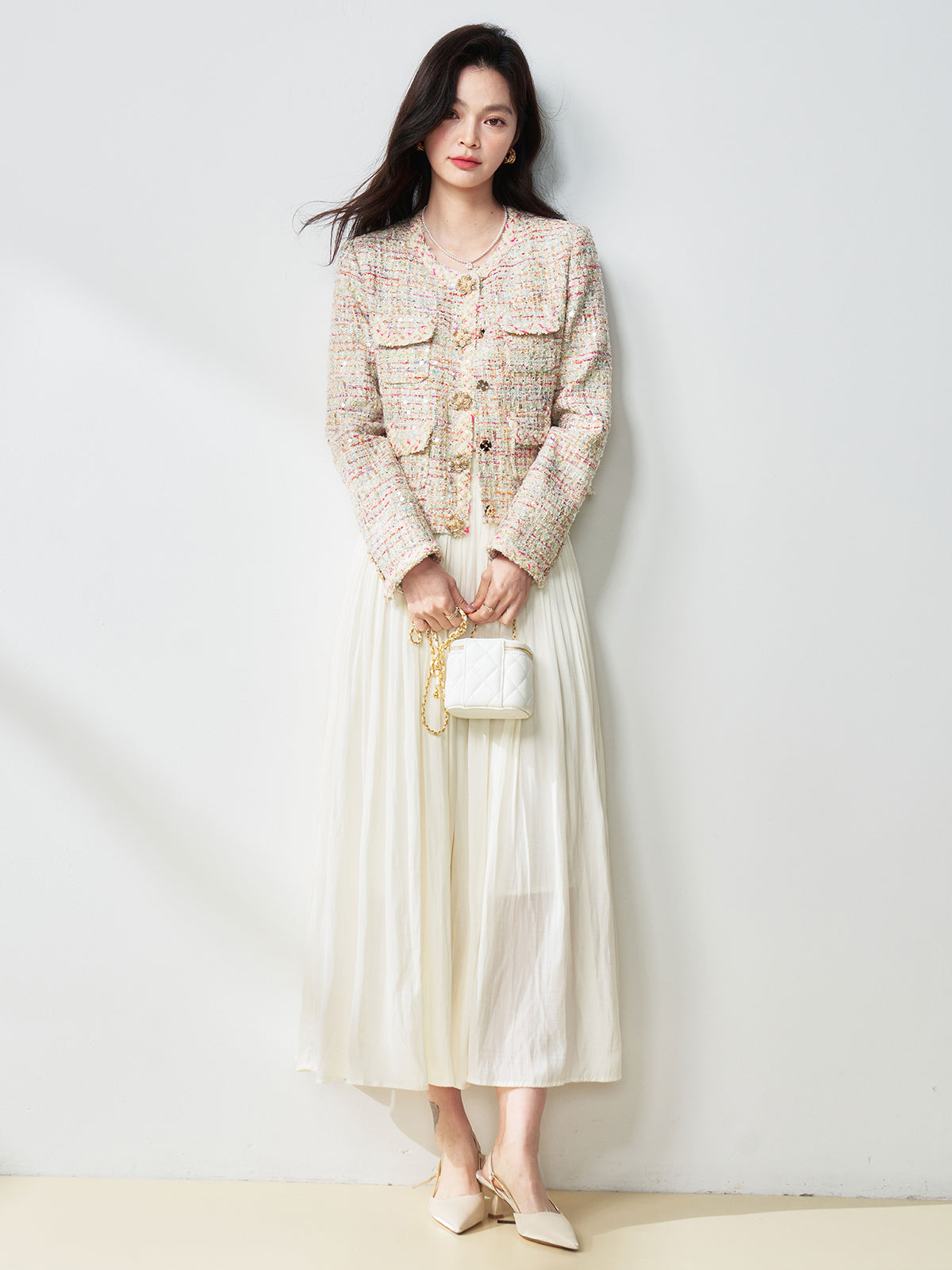 2025 Sequin Tweed Jacket – Rhinestone Buttons, Elegant & Youthful