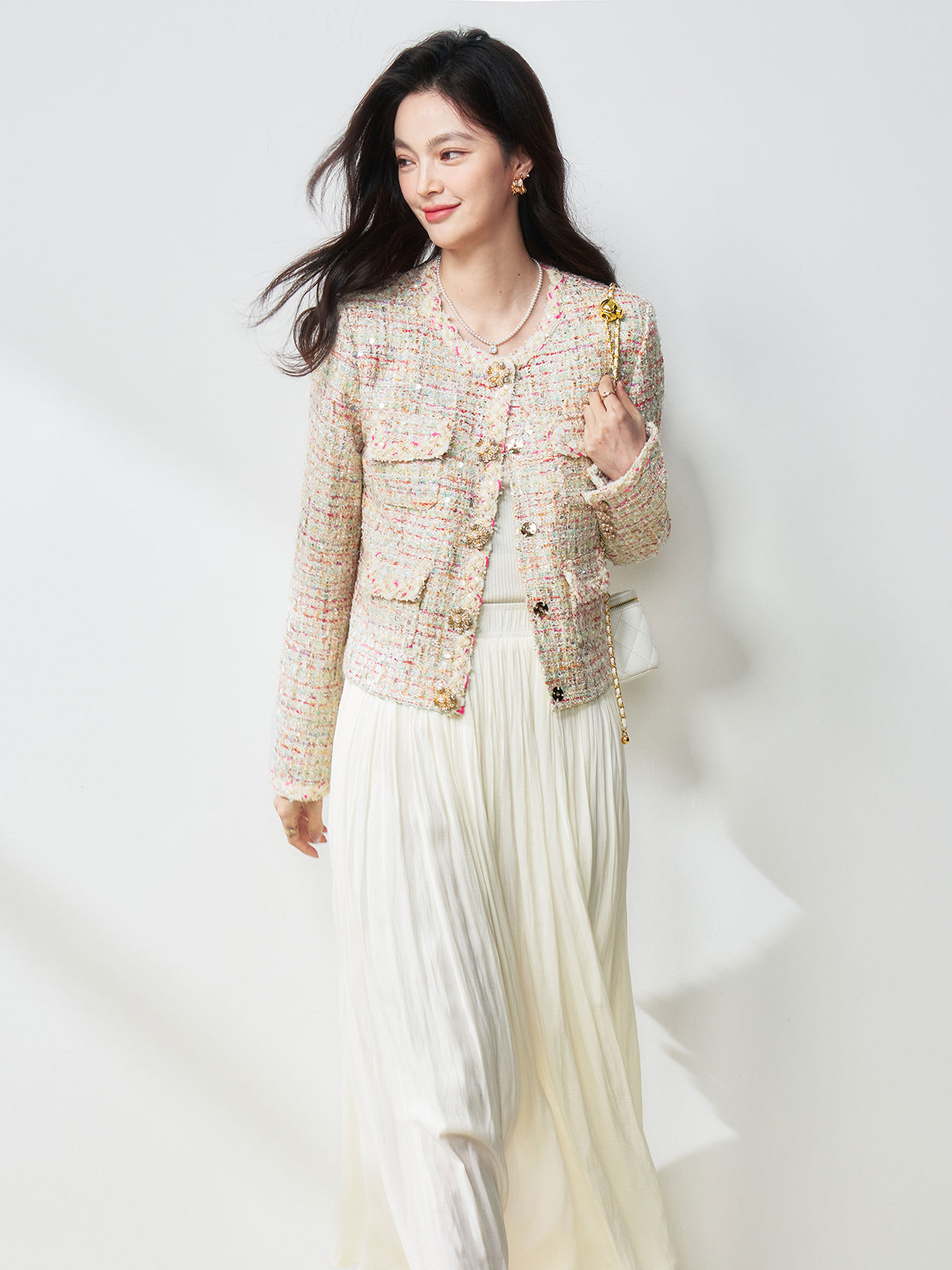 2025 Sequin Tweed Jacket – Rhinestone Buttons, Elegant & Youthful
