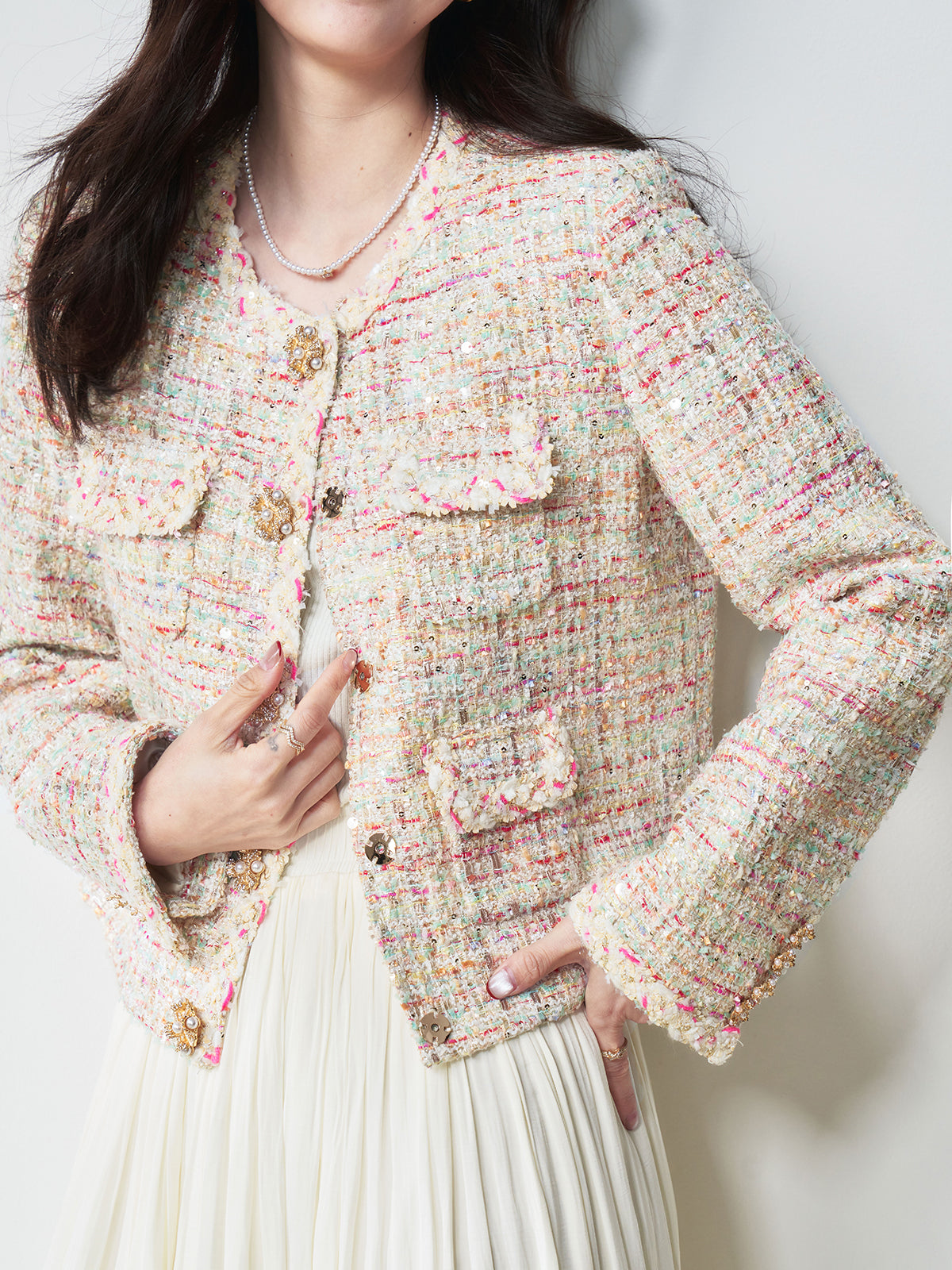 2025 Sequin Tweed Jacket – Rhinestone Buttons, Elegant & Youthful