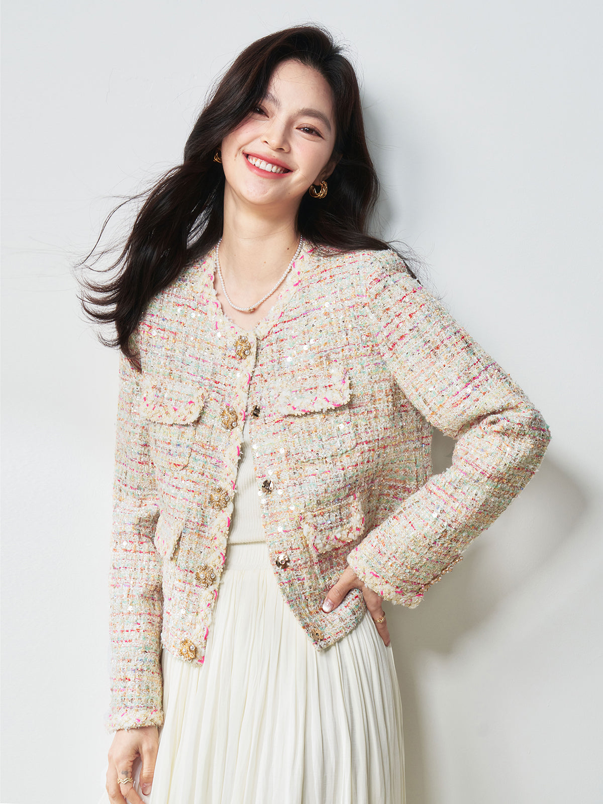 2025 Sequin Tweed Jacket – Rhinestone Buttons, Elegant & Youthful