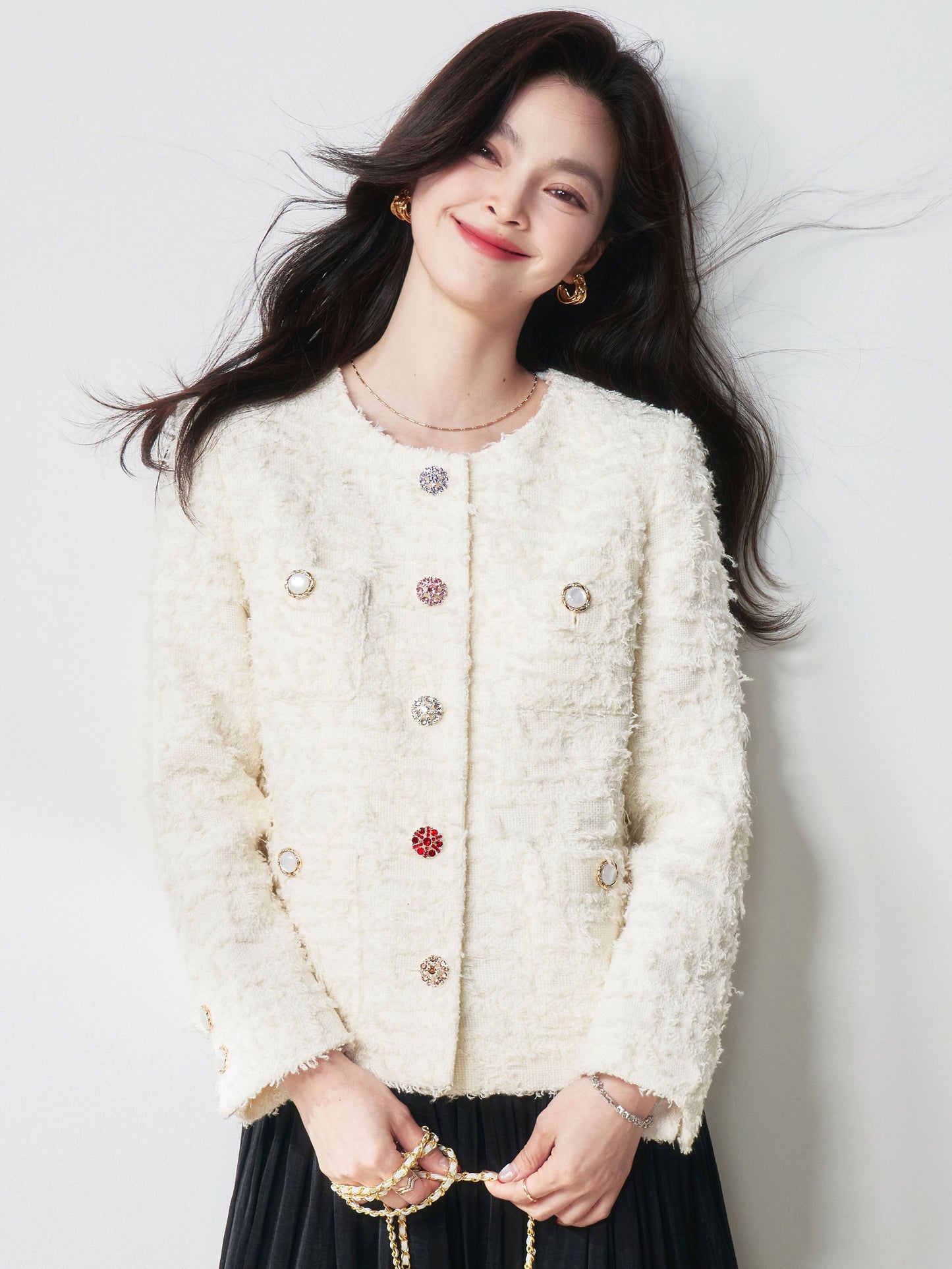 2025 Rhinestone Button Tweed Jacket – Colorful, Chic & Elegant