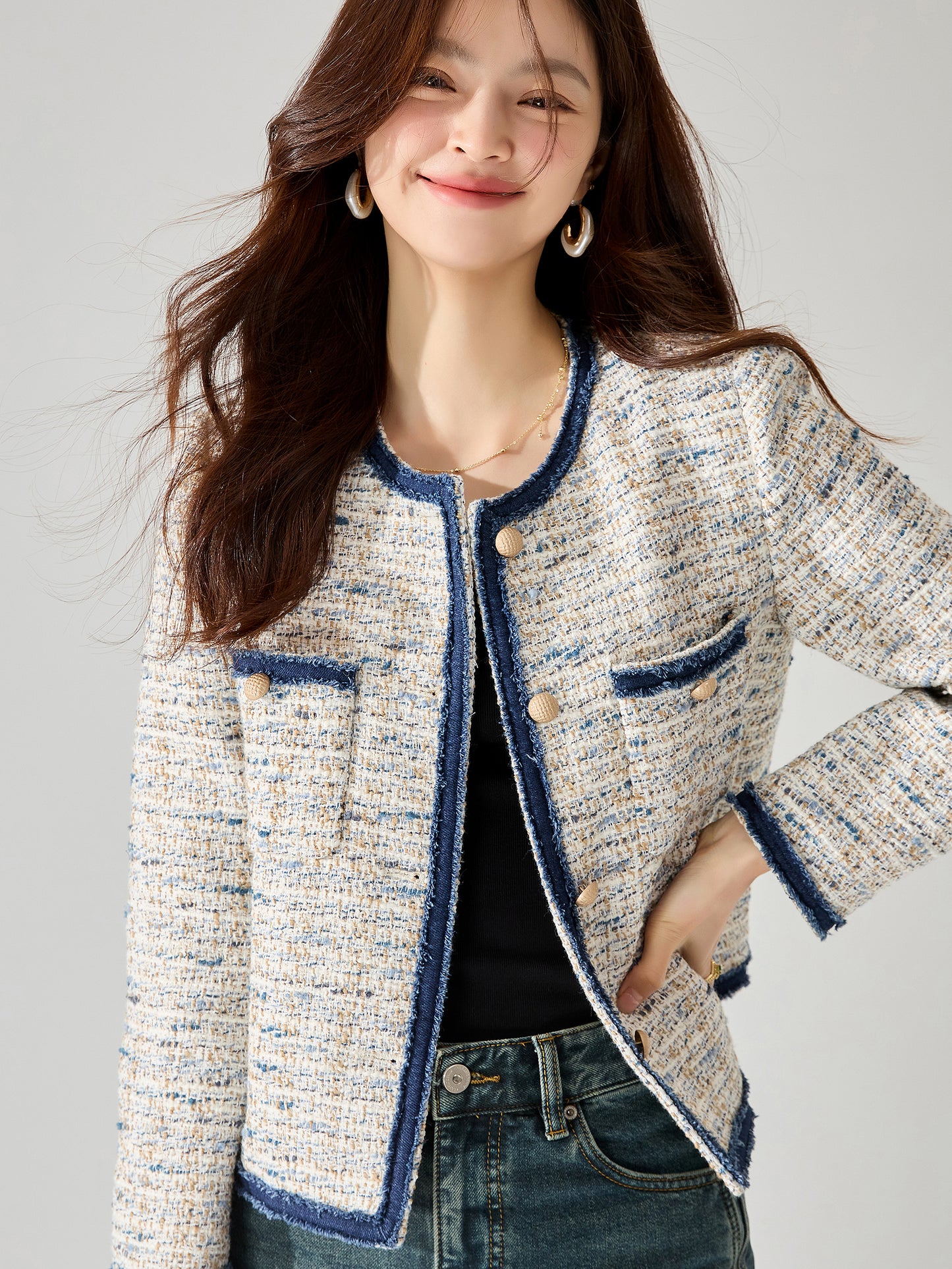 2025 Tweed Jacket – Chanel-Inspired, Denim Patchwork, Fringed Edge