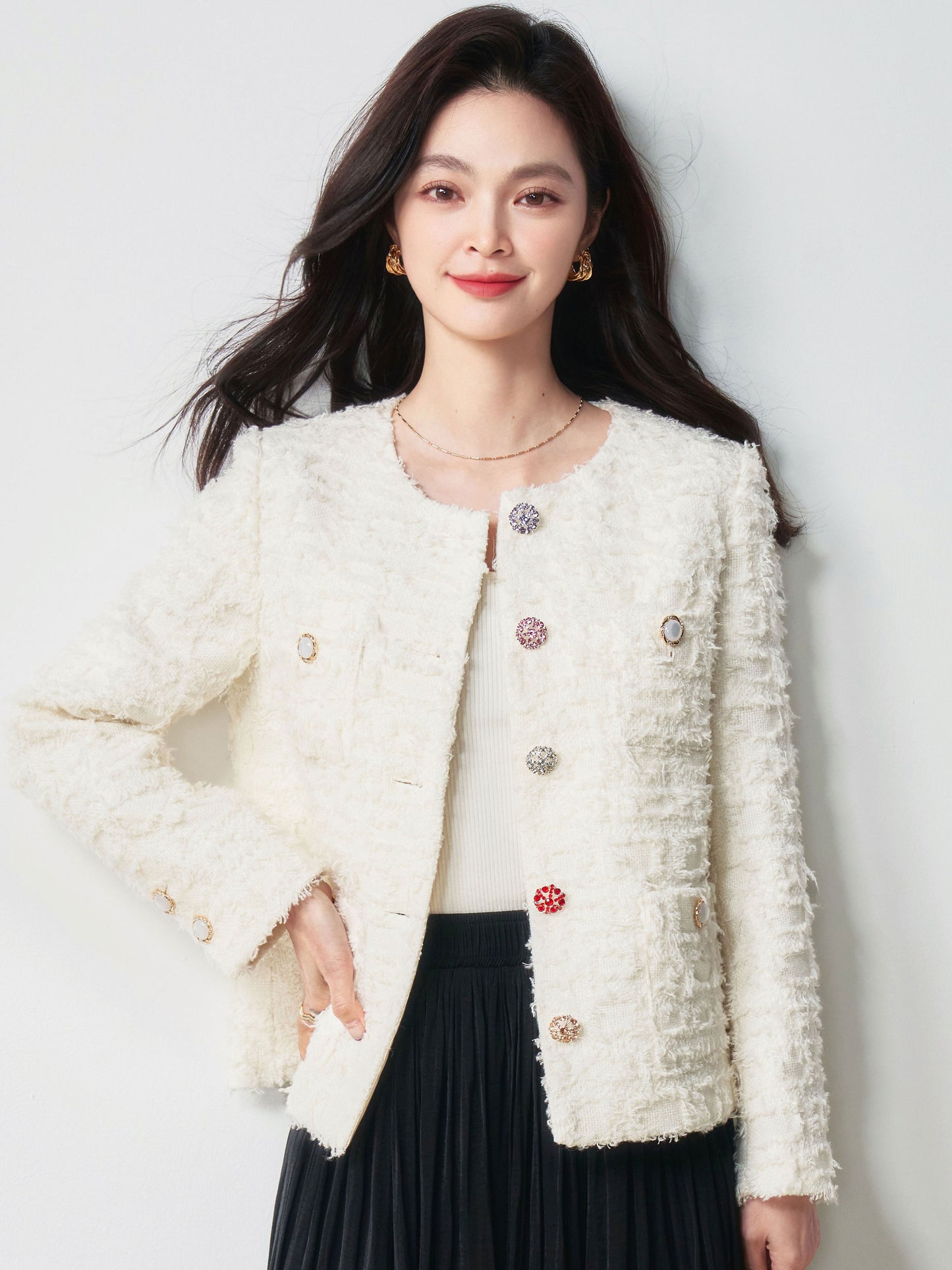 2025 Rhinestone Button Tweed Jacket – Colorful, Chic & Elegant