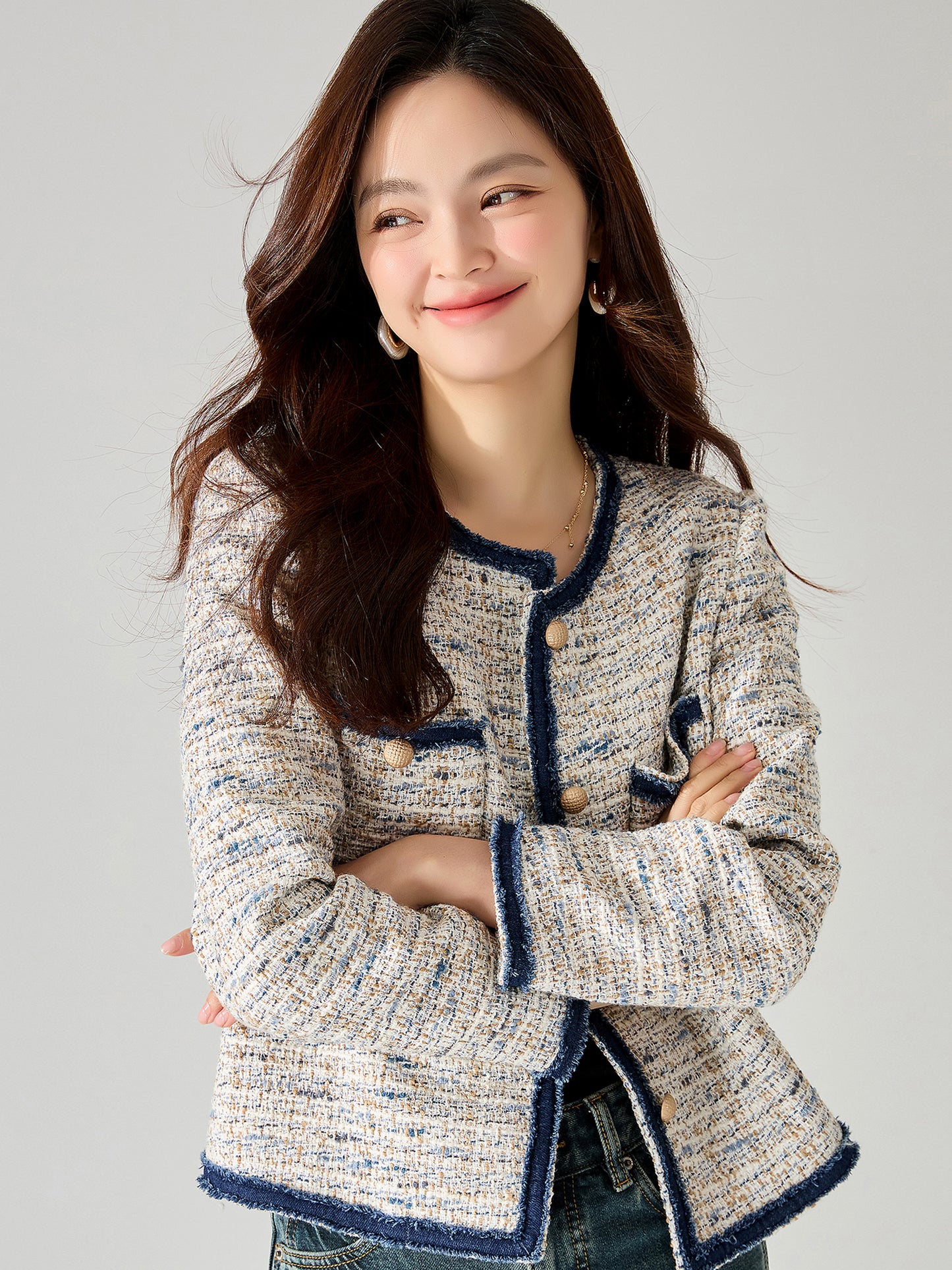 2025 Tweed Jacket – Chanel-Inspired, Denim Patchwork, Fringed Edge