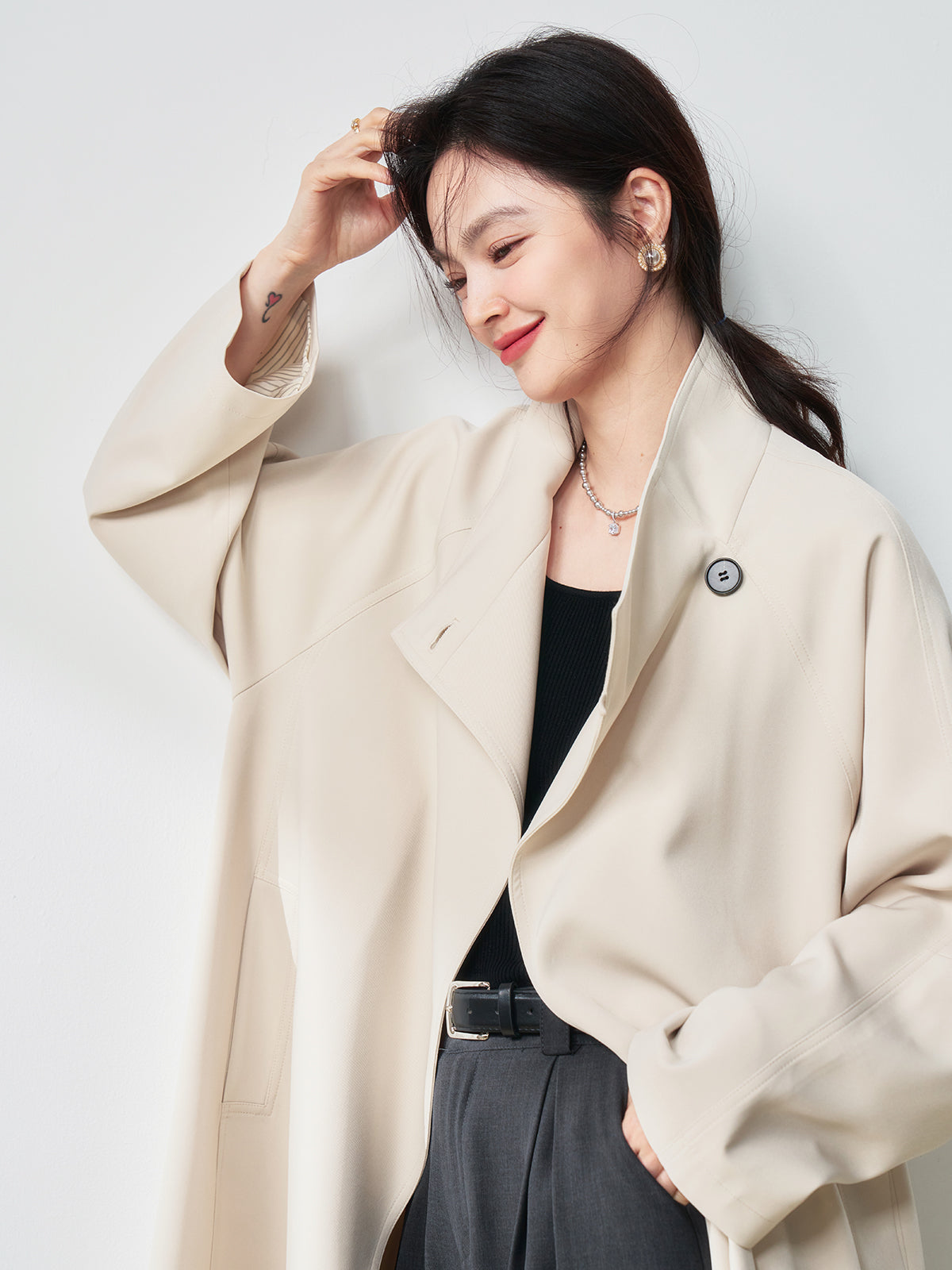 2025 Spring Stand Collar Trench Coat – Minimalist, Mid-Length