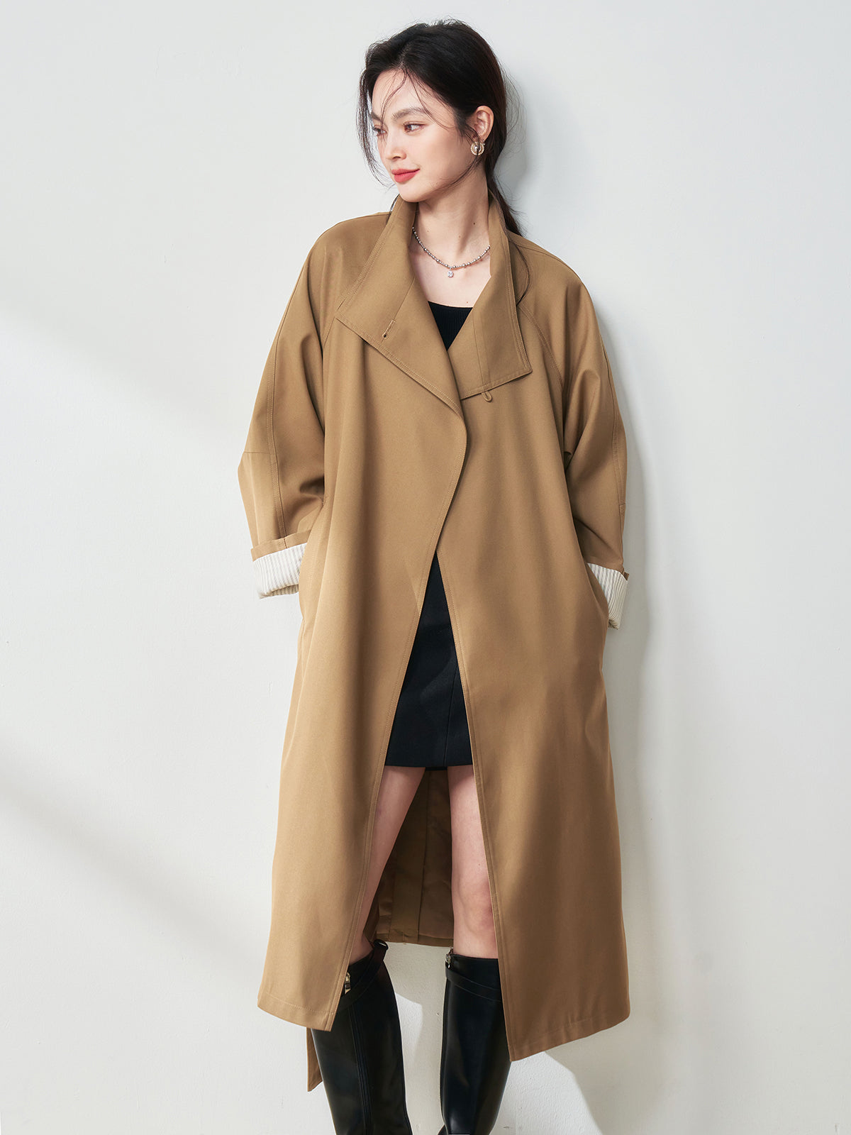 2025 Spring Stand Collar Trench Coat – Minimalist, Mid-Length