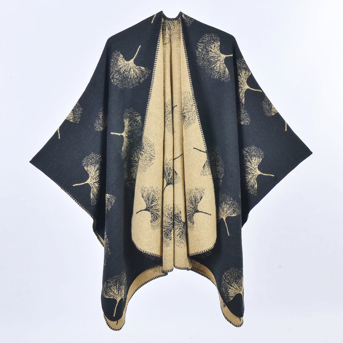 Ginkgo Leaf Cashmere-Feel Poncho Cape – Warm Oversized Shawl