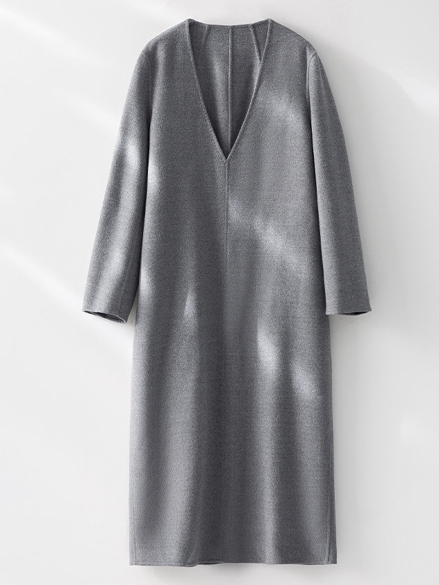 Reversible Cashmere Wool Coat Women, Deep V-Neck Pullover Long Dress Style