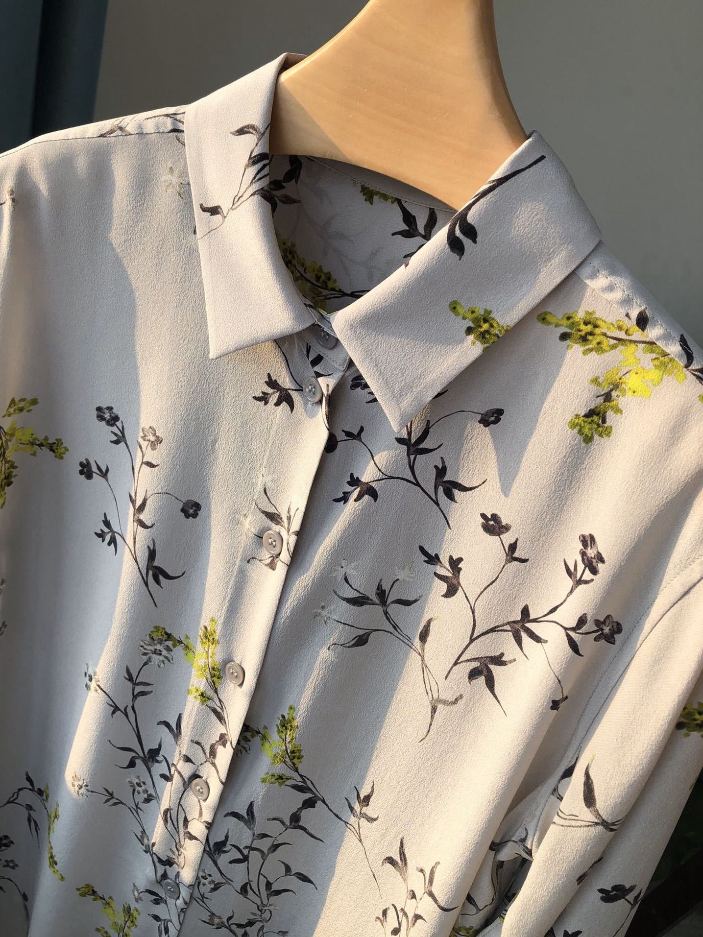 2025 Sand-Washed Silk Shirt – Plum Blossom Print, Gray Base