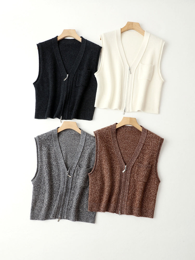 100% Wool Double-Zip V-Neck Vest – Vintage Casual Style