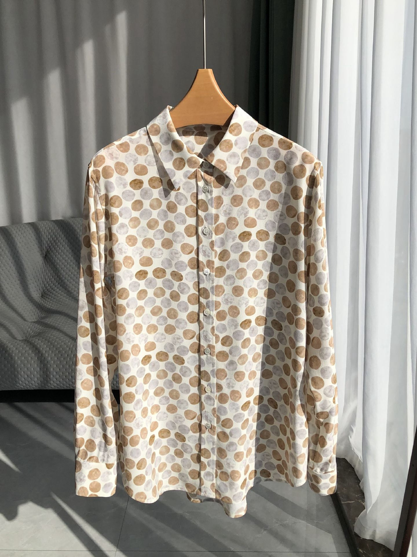 2025 Pebble Print Washed Silk Shirt – Milk Brown, Long Sleeve