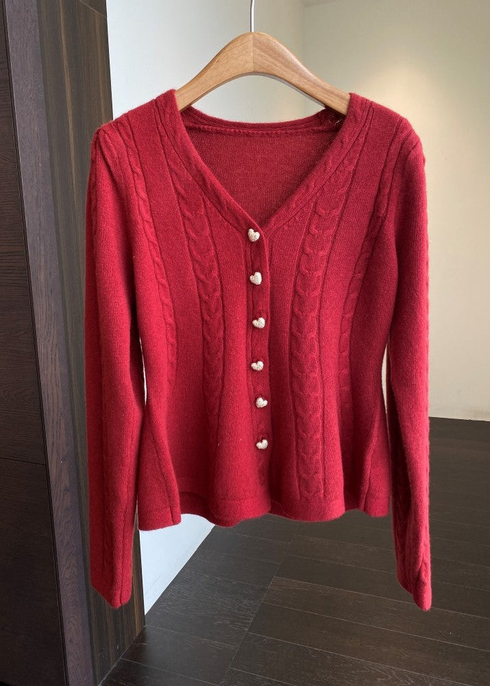 Elegant V-Neck Slim-Fit Knit Cardigan – Waist-Defining Red Sweater