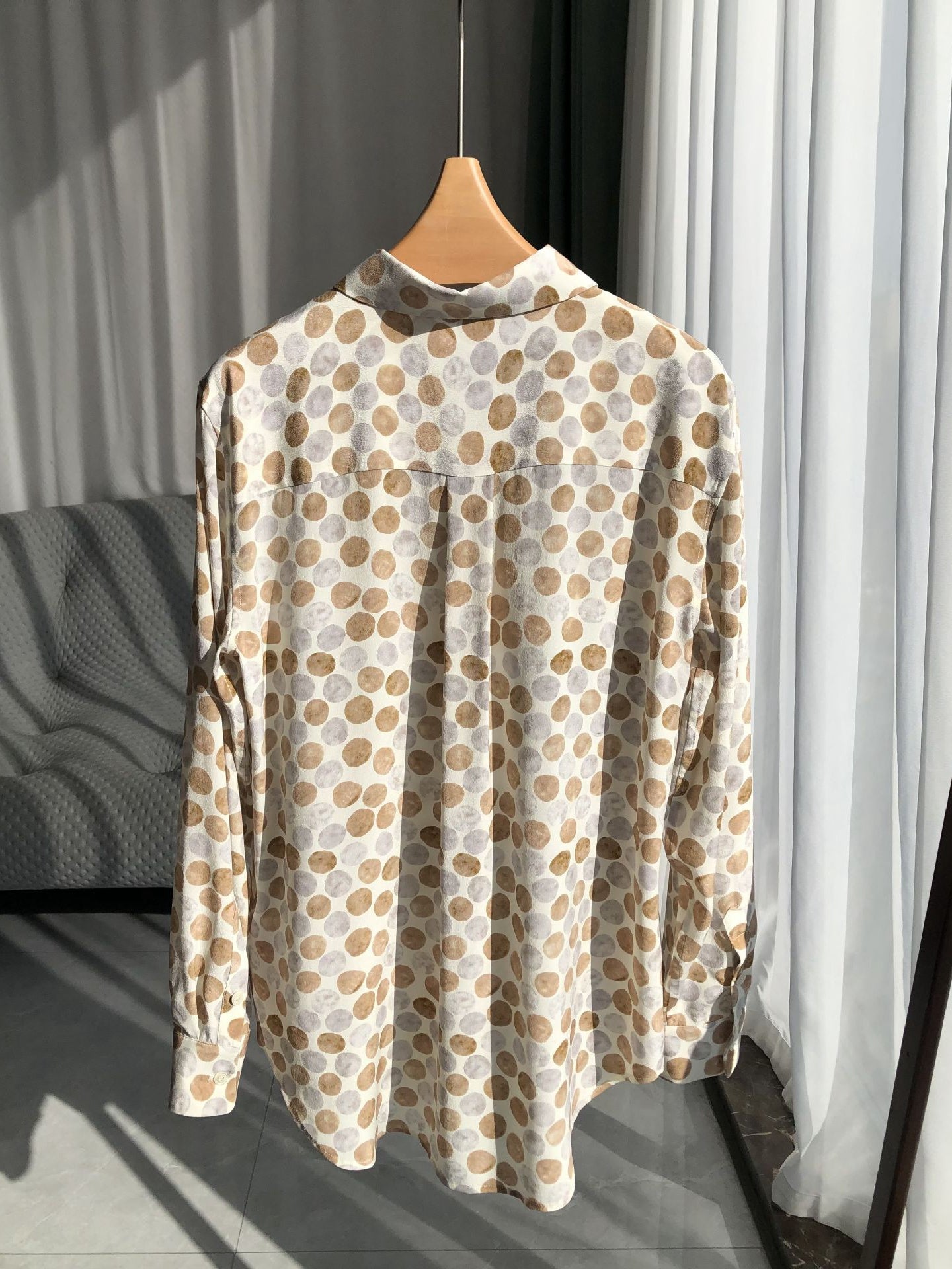 2025 Pebble Print Washed Silk Shirt – Milk Brown, Long Sleeve