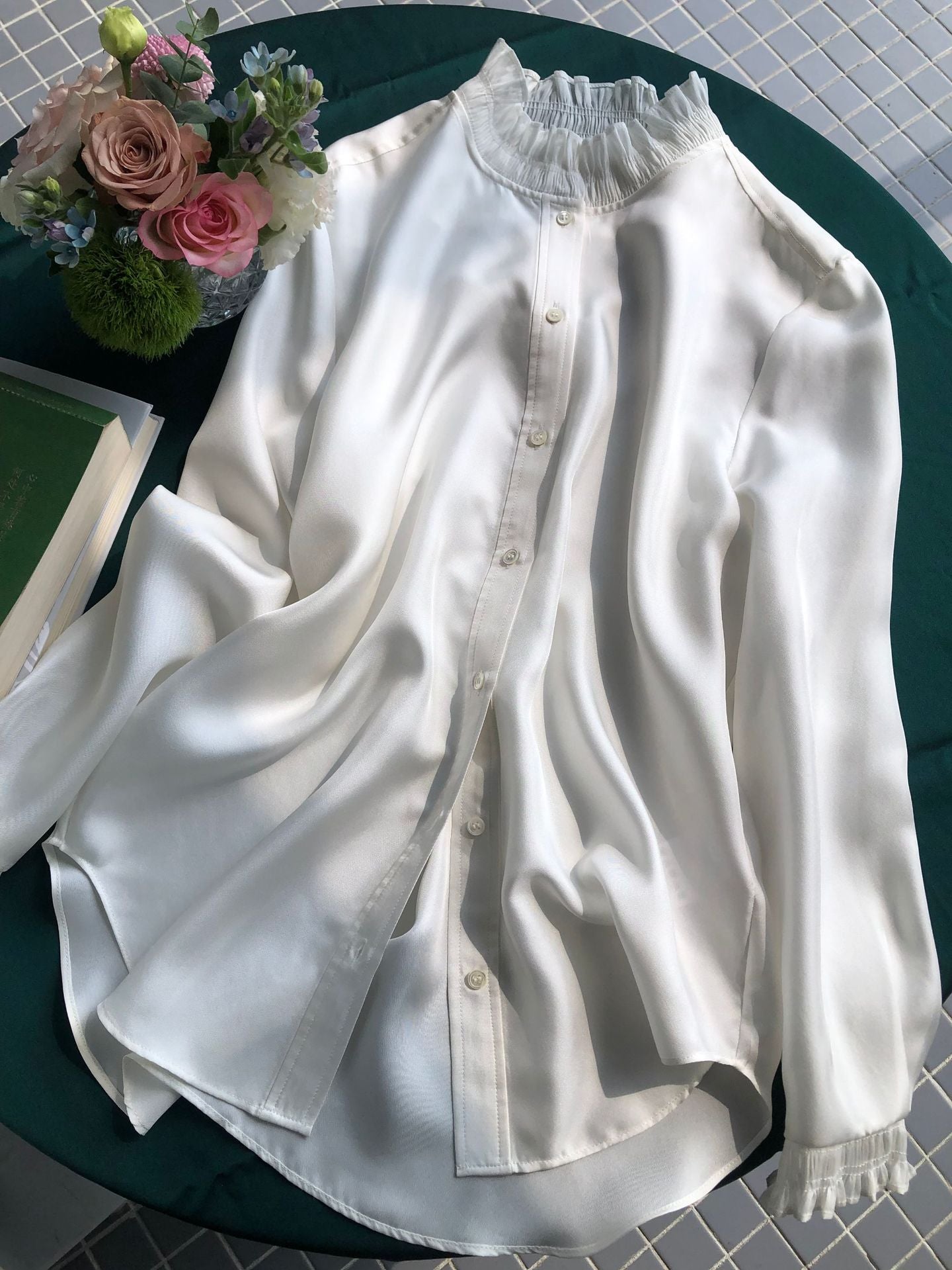 Twill Silk Blouse – French Lace Pleats