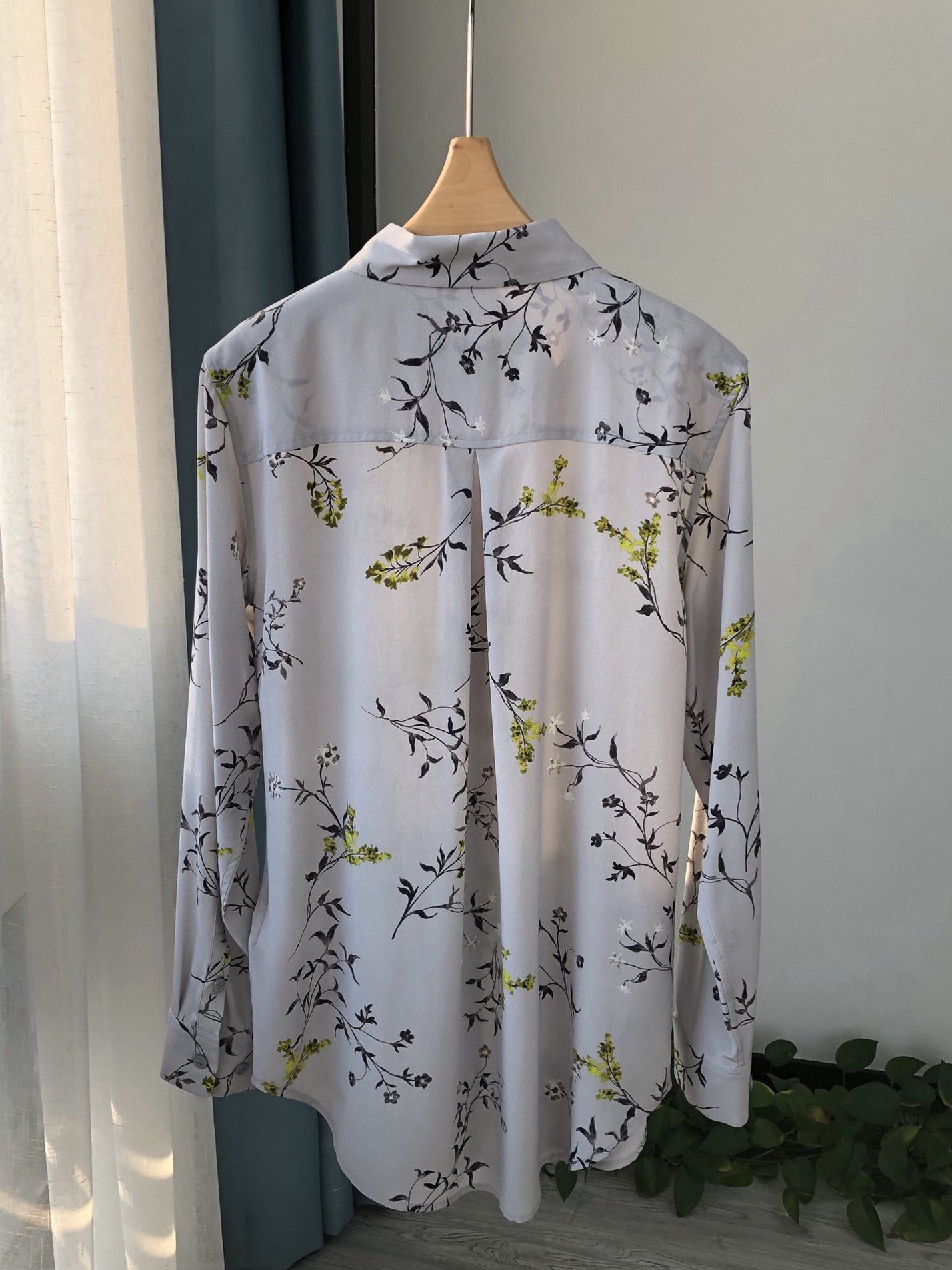 2025 Sand-Washed Silk Shirt – Plum Blossom Print, Gray Base