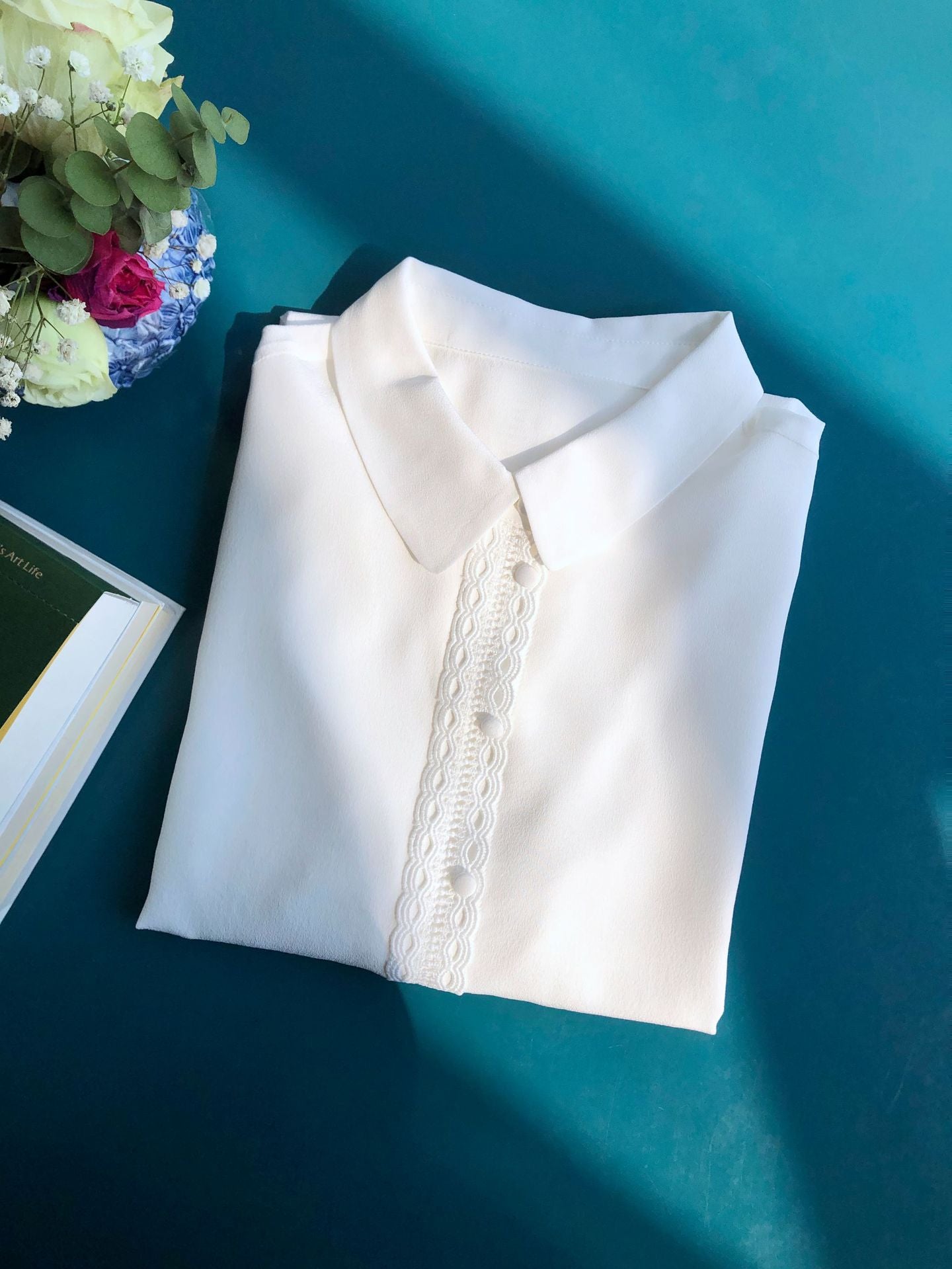 French Washed Silk Blouse – Lace Trim, Elegant Chic