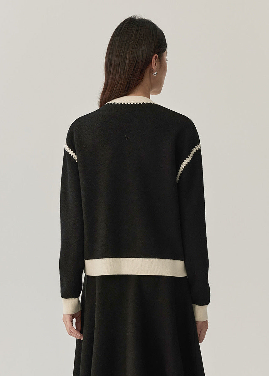 Machine-Washable Wool Cotton Blend Contrast Trim Cardigan