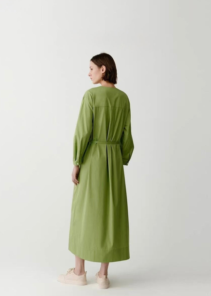 100% Cotton Belted Midi Shirt Dress – Green