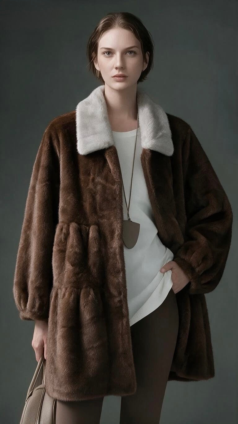 Women's Faux Mink Fur Oversized Coat with Contrast Collar