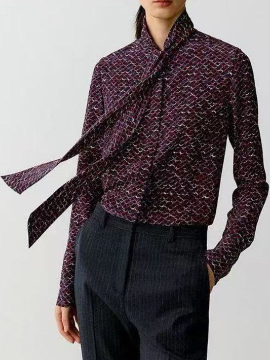 Elegant Old Money Style | 100% Silk Crepe de Chine Scarf-Tie Blouse