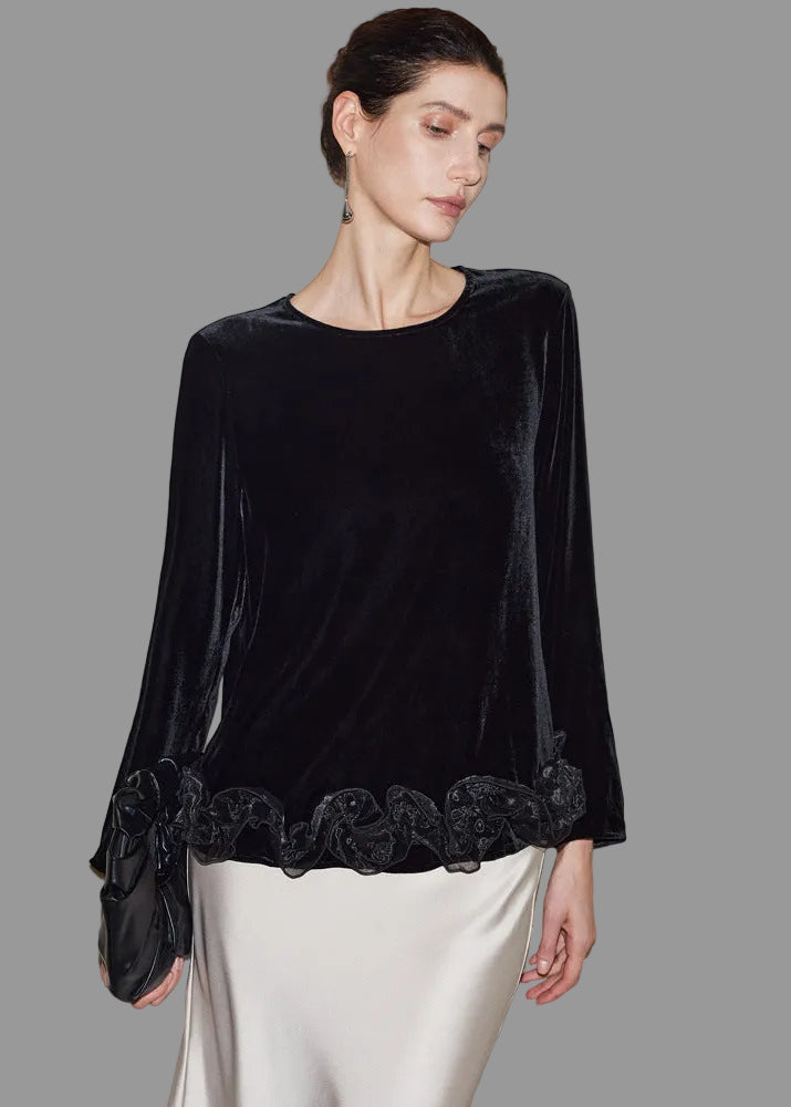 Silk Velvet Pullover Top – Mulberry Silk Long Sleeve Blouse
