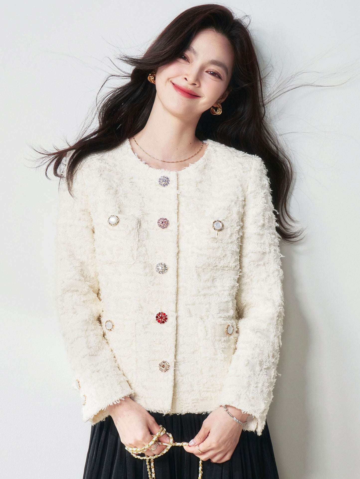 2025 Spring New Colorful Rhinestone Button Wool Yarn Tweed Jacket | Chic Elegant Style