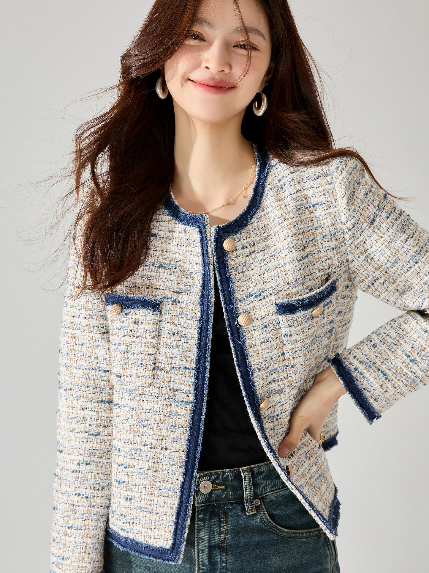 2025 New Tweed Short Jacket – Spring Mixed-Color Wool, Chanel-Inspired, Denim Patchwork, Fringed Edge, Elegant Top