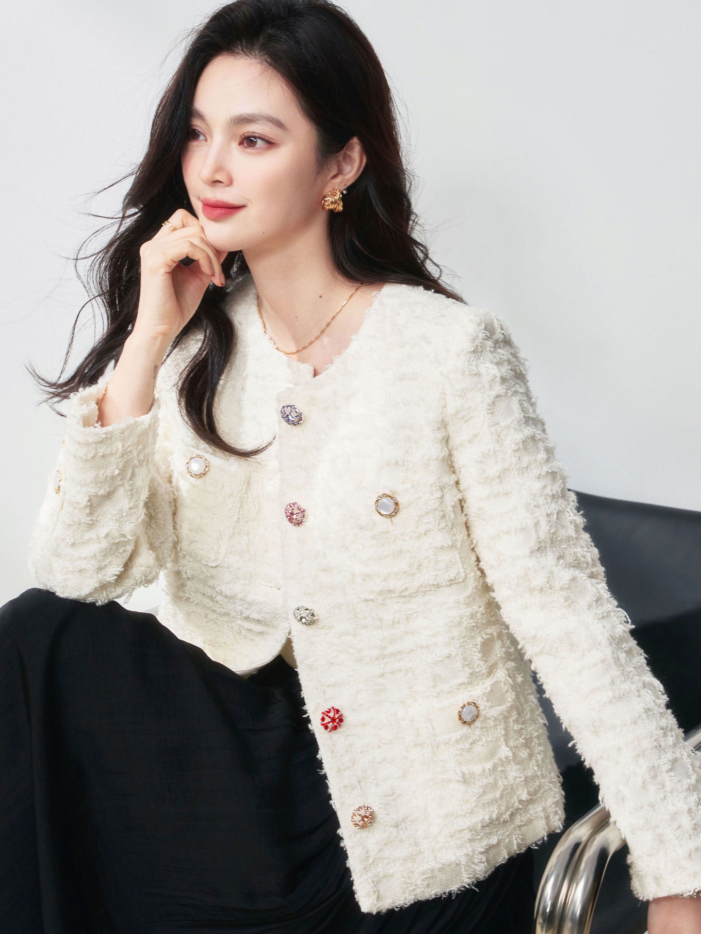 2025 Spring New Colorful Rhinestone Button Wool Yarn Tweed Jacket | Chic Elegant Style