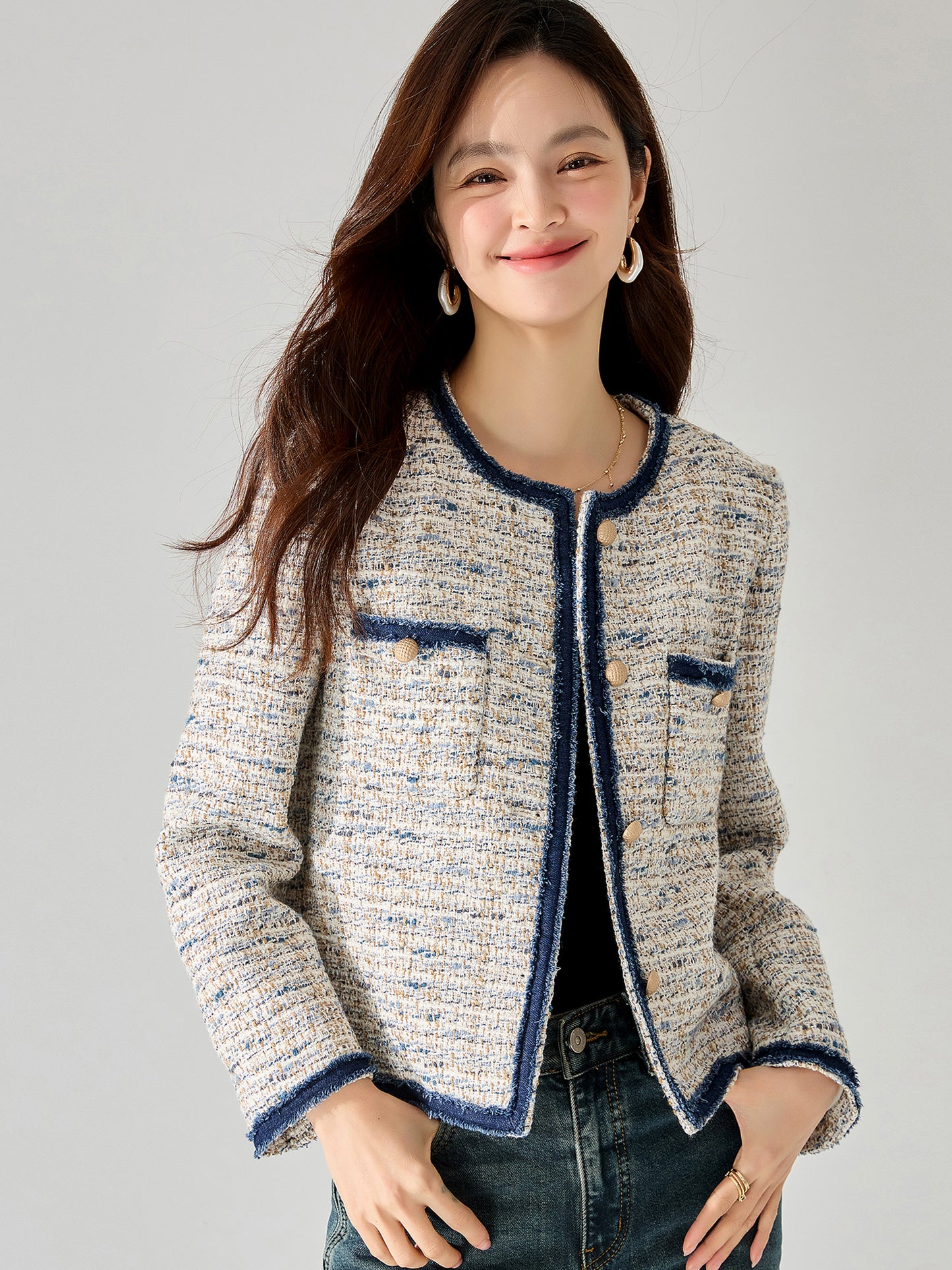 2025 New Tweed Short Jacket – Spring Mixed-Color Wool, Chanel-Inspired, Denim Patchwork, Fringed Edge, Elegant Top