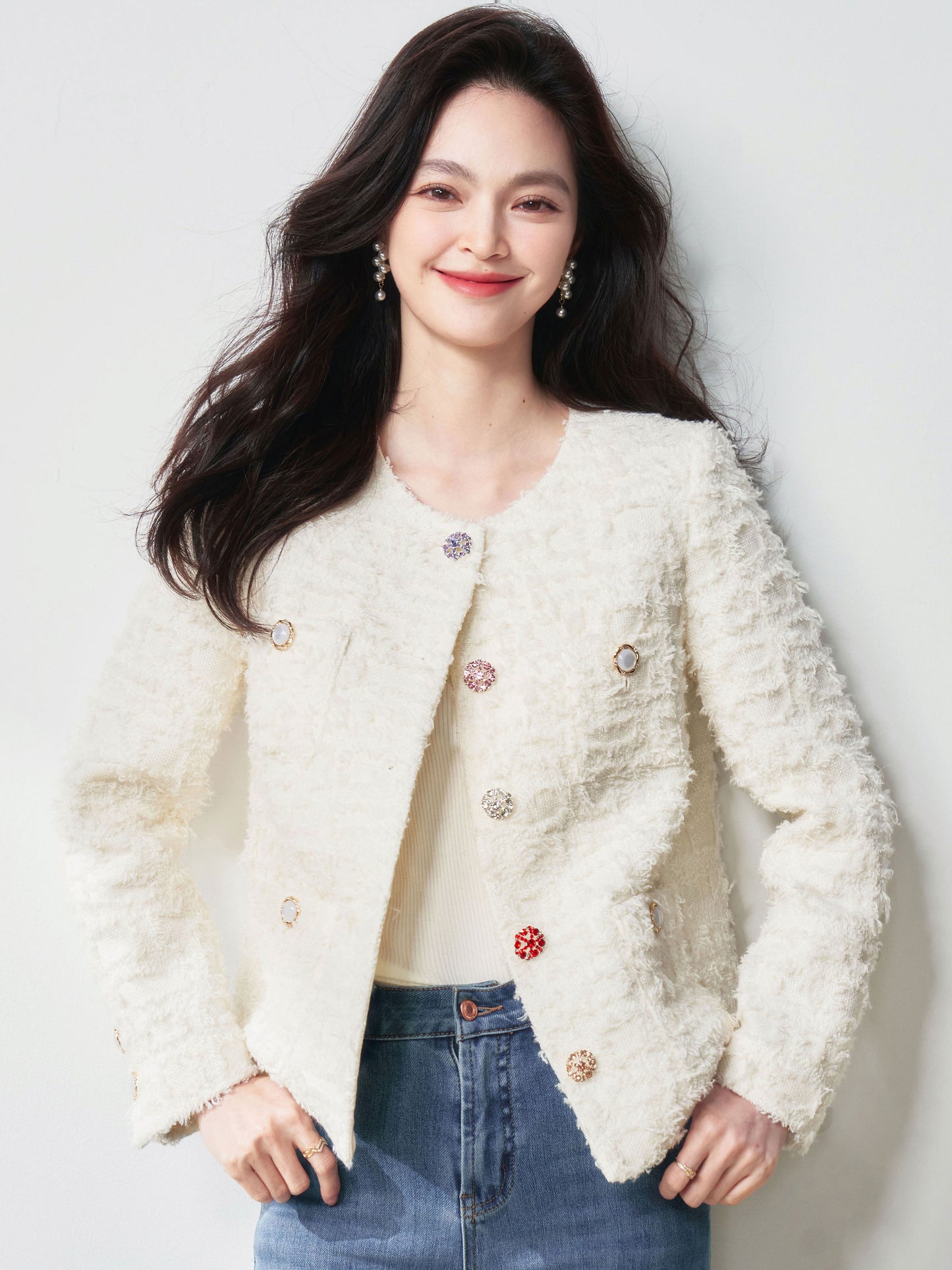 2025 Spring New Colorful Rhinestone Button Wool Yarn Tweed Jacket | Chic Elegant Style