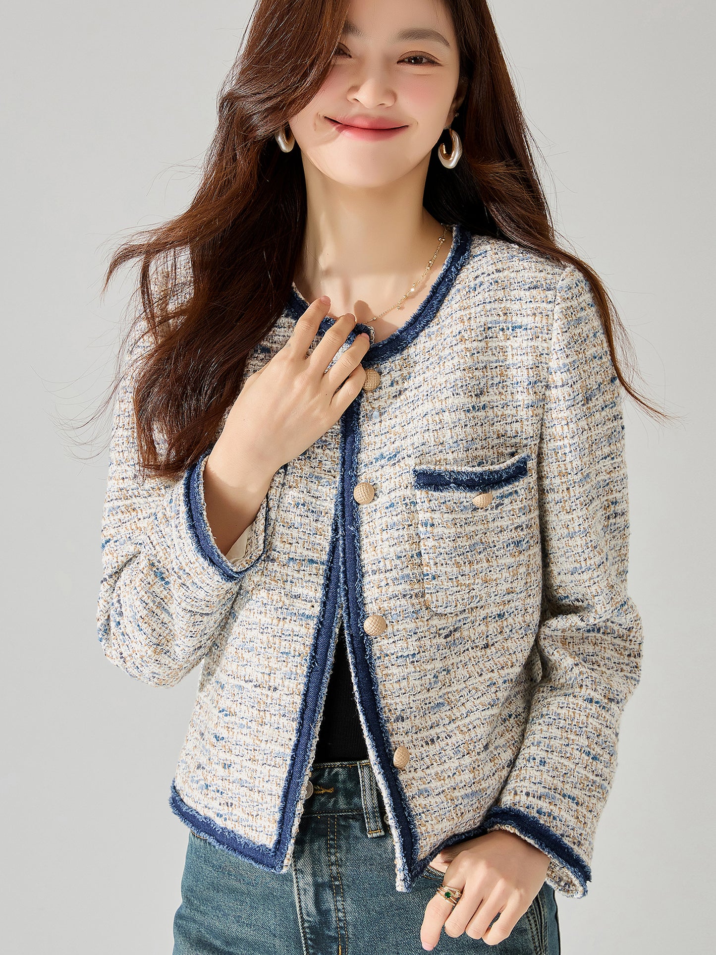 2025 New Tweed Short Jacket – Spring Mixed-Color Wool, Chanel-Inspired, Denim Patchwork, Fringed Edge, Elegant Top