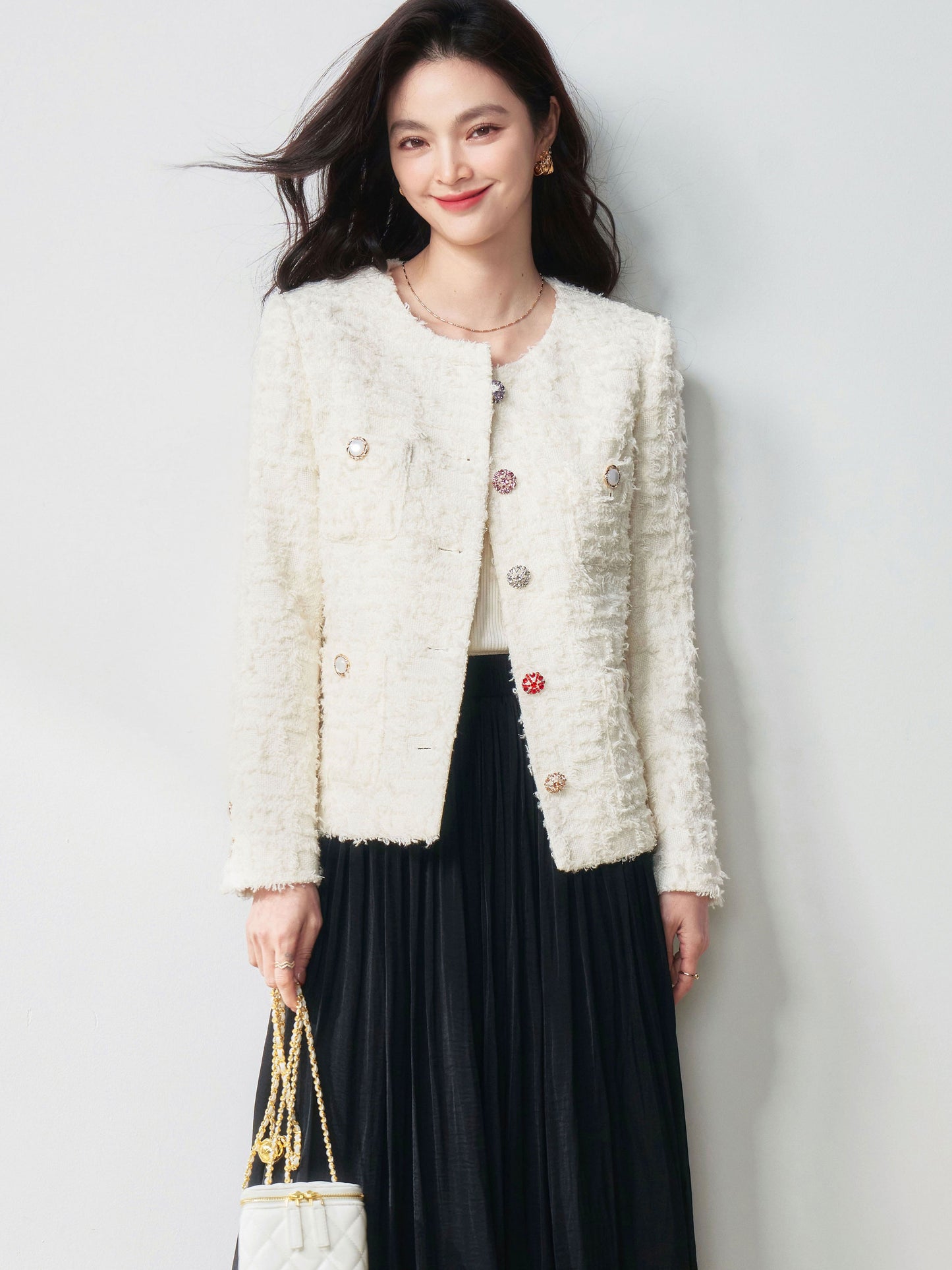 2025 Spring New Colorful Rhinestone Button Wool Yarn Tweed Jacket | Chic Elegant Style