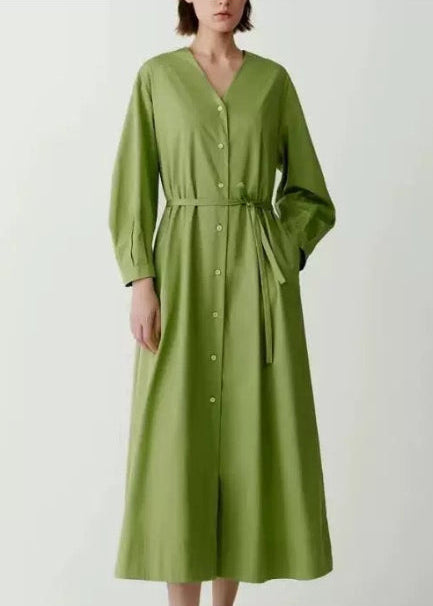 100% Cotton Belted Midi Shirt Dress – Green