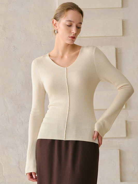 25th Autumn Winter New V-neck Flared Long Sleeve Knitted Base Shirt Elegant Design Inner Wear Women's Top