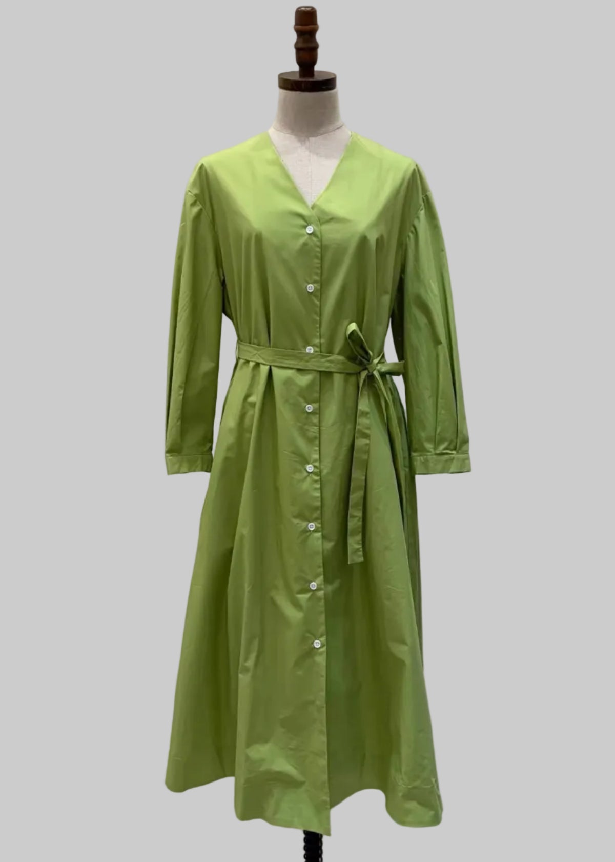 100% Cotton Belted Midi Shirt Dress – Green