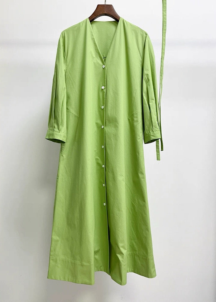 100% Cotton Belted Midi Shirt Dress – Green