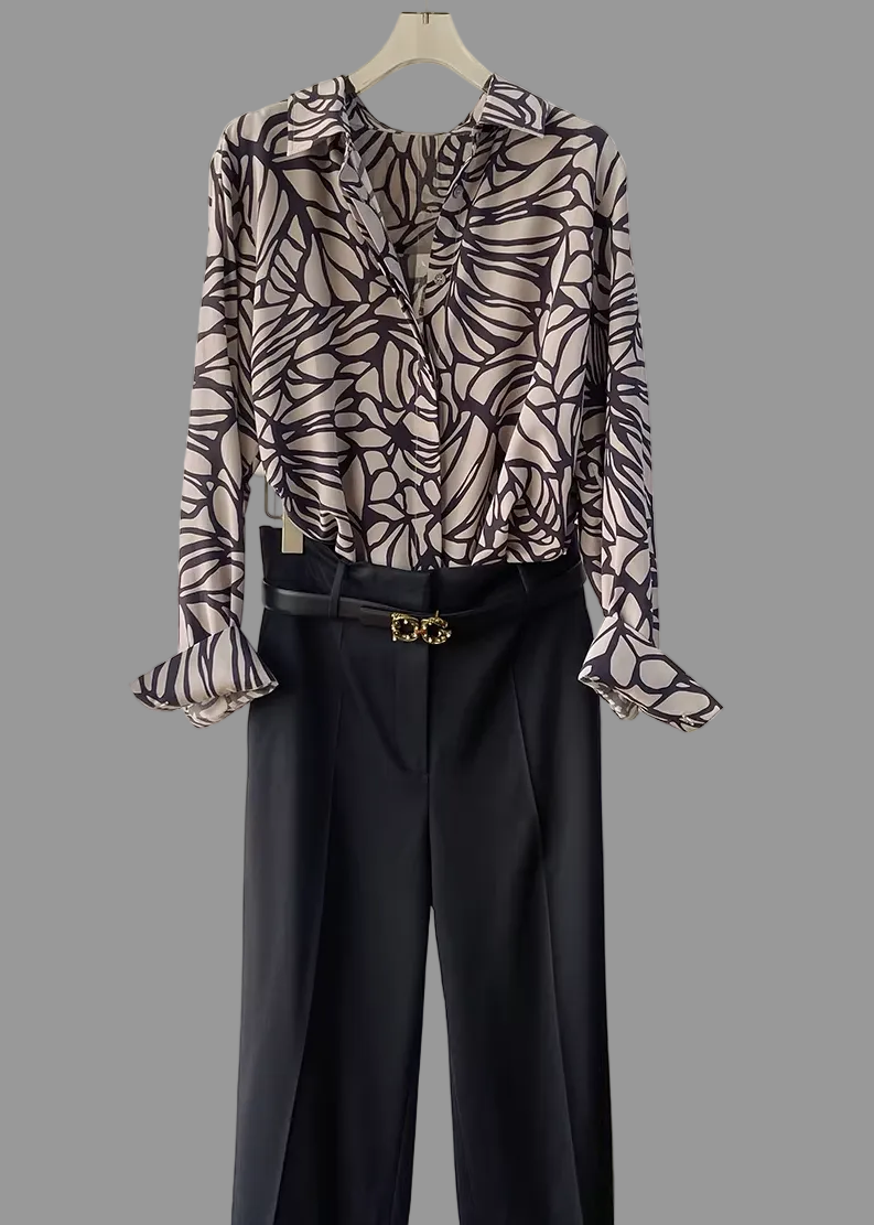 Sand-Washed Mulberry Silk Shirt with Hand-Drawn Woodgrain Print