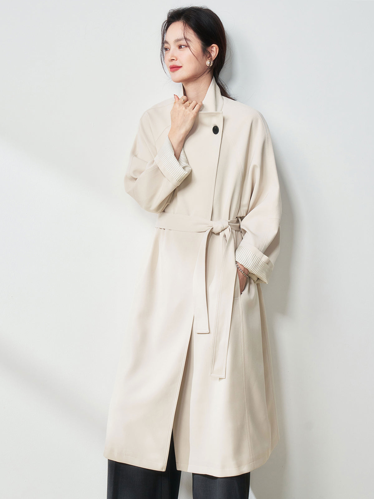 2025New Spring Collection Minimalist Style Stand Collar Design Casual Commuting Mid-Length Trench Coat