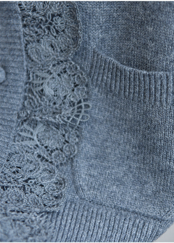 Women’s Lace Trim Wool Cardigan – V-Neck French Style Knit Jacket