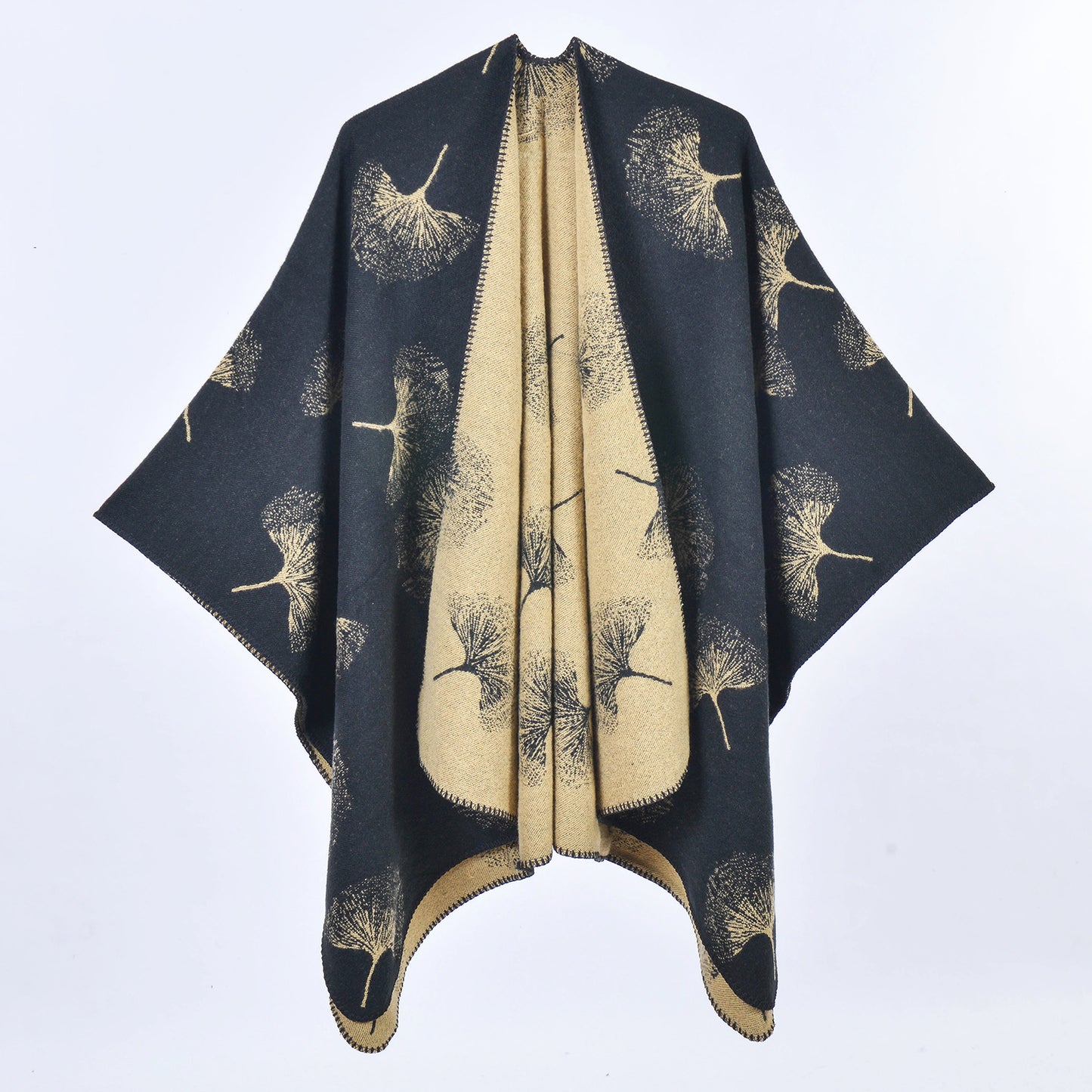Ginkgo Leaf Cashmere-Feel Poncho Cape – Warm Oversized Shawl
