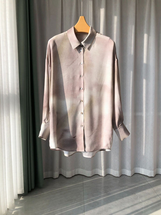 2025 New Ink-Wash Gradient Oversized Relaxed Heavy Washed Silk Shirt - 100% Mulberry Silk Women's Blouse