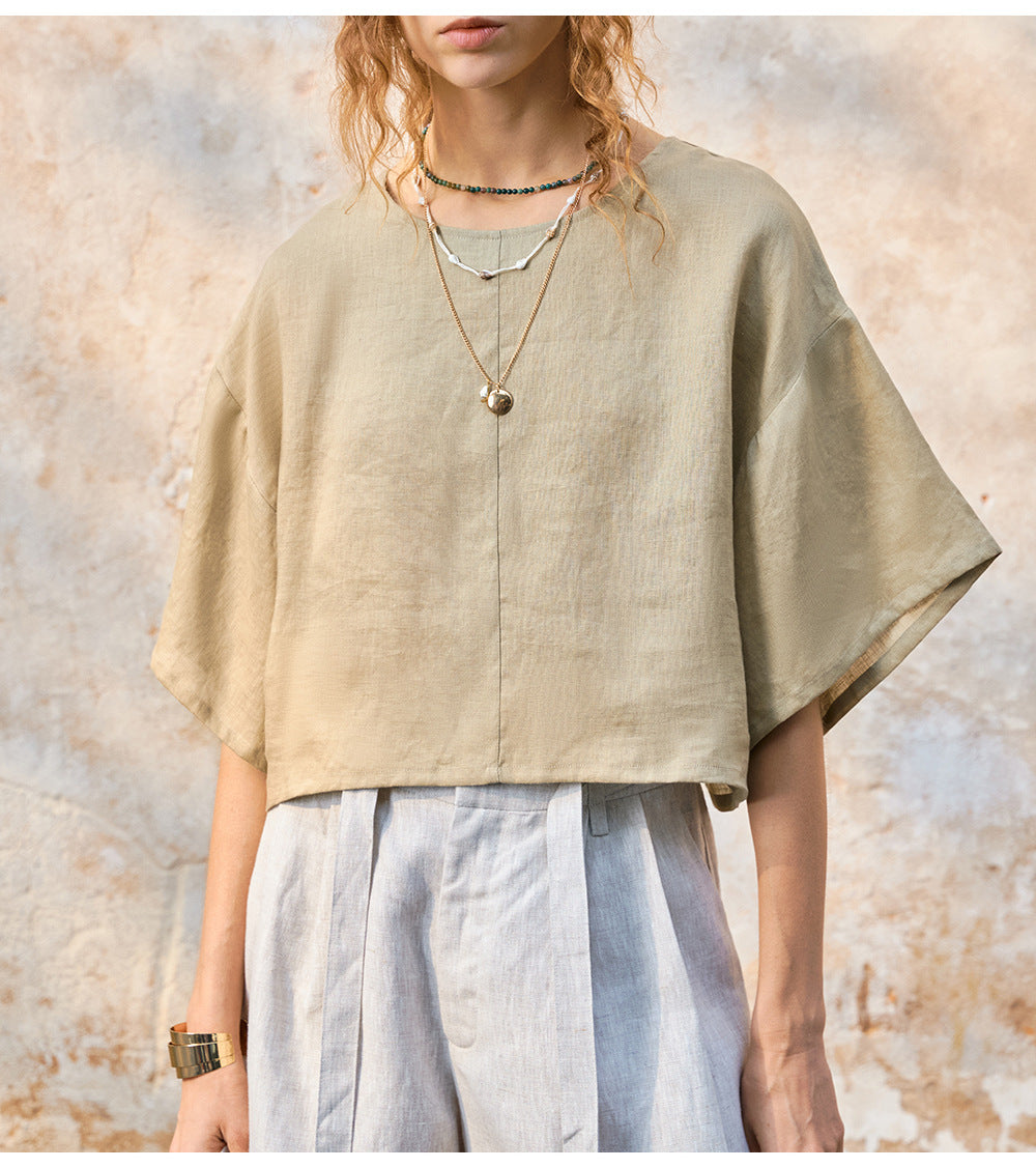 100% Linen Bell Sleeve Top