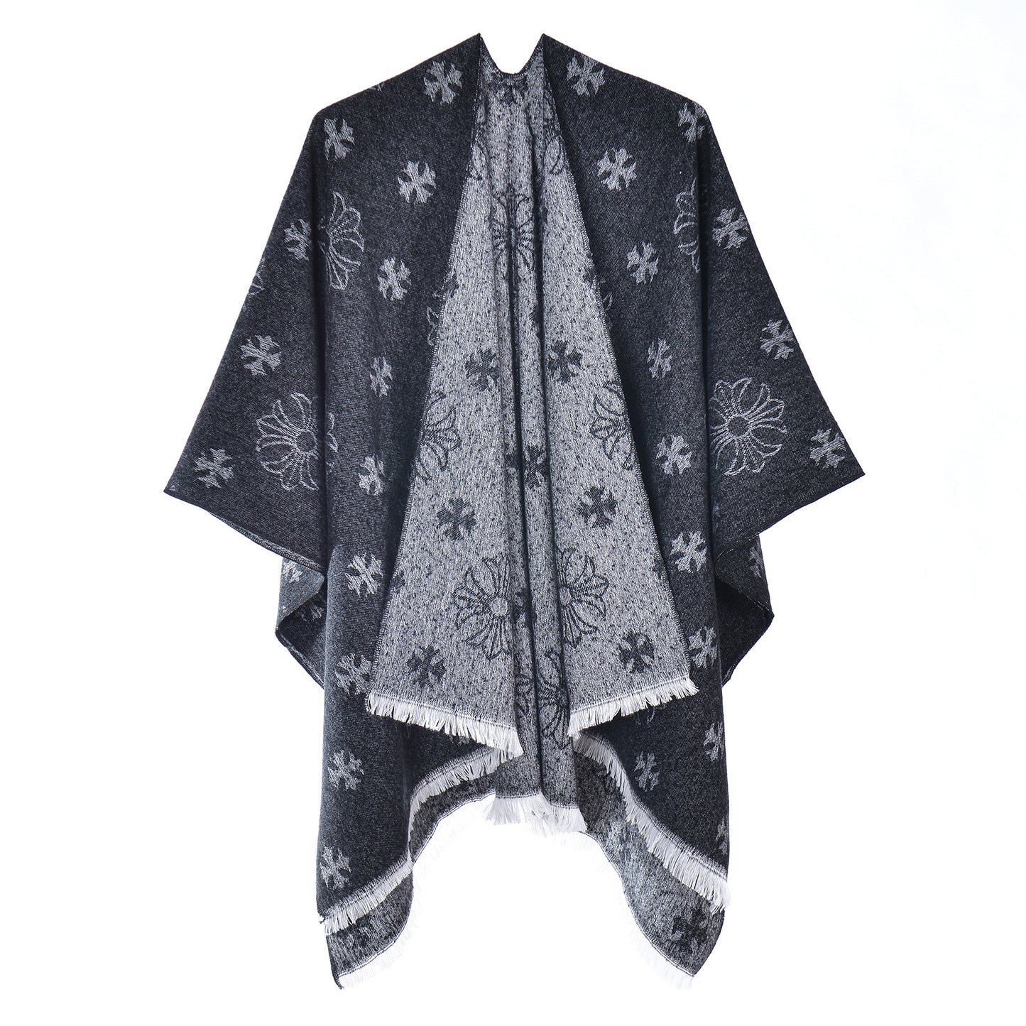 Cashmere-Feel Striped Poncho Shawl 2026031