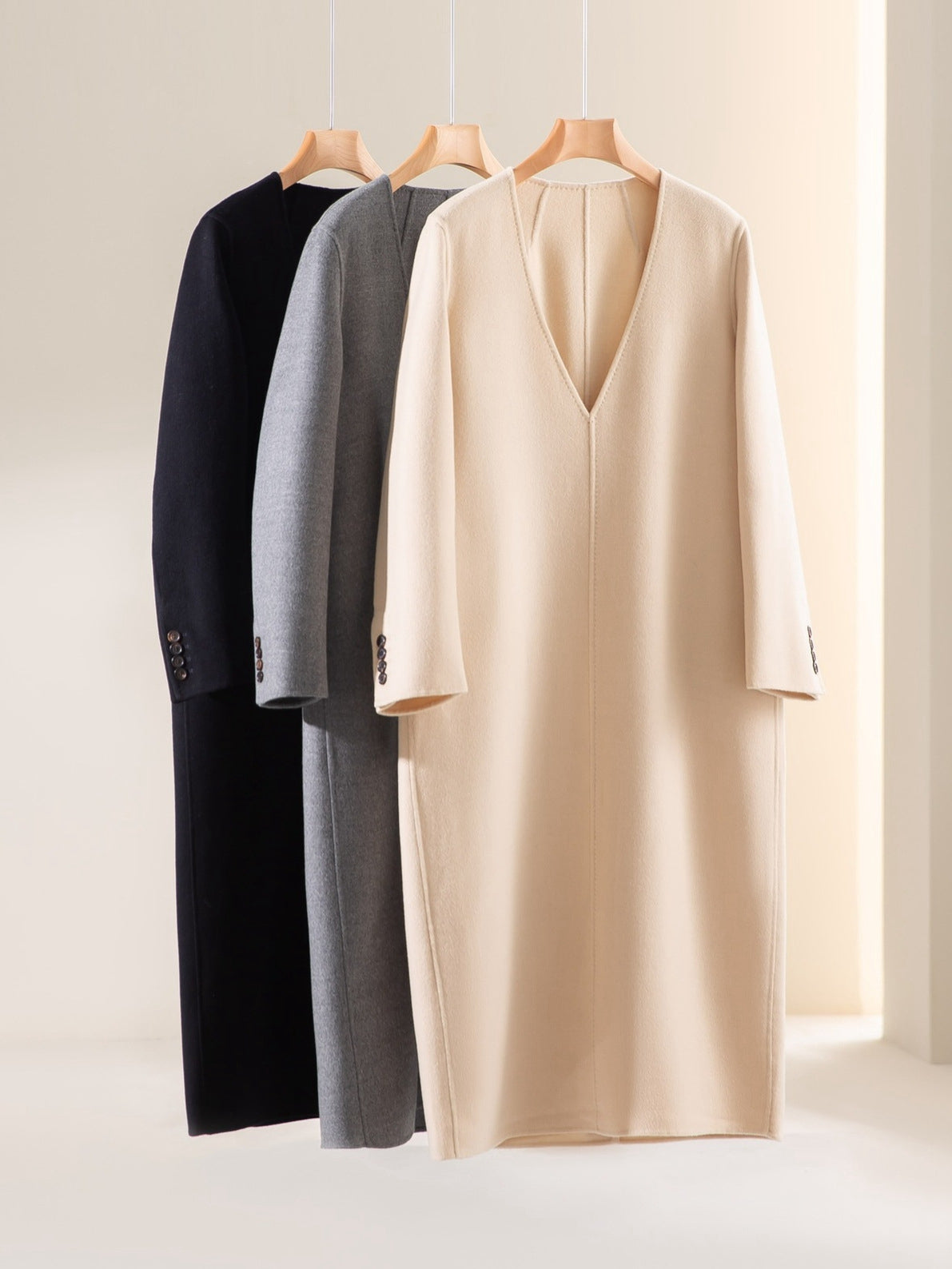 Reversible Cashmere Wool Coat Women, Deep V-Neck Pullover Long Dress Style