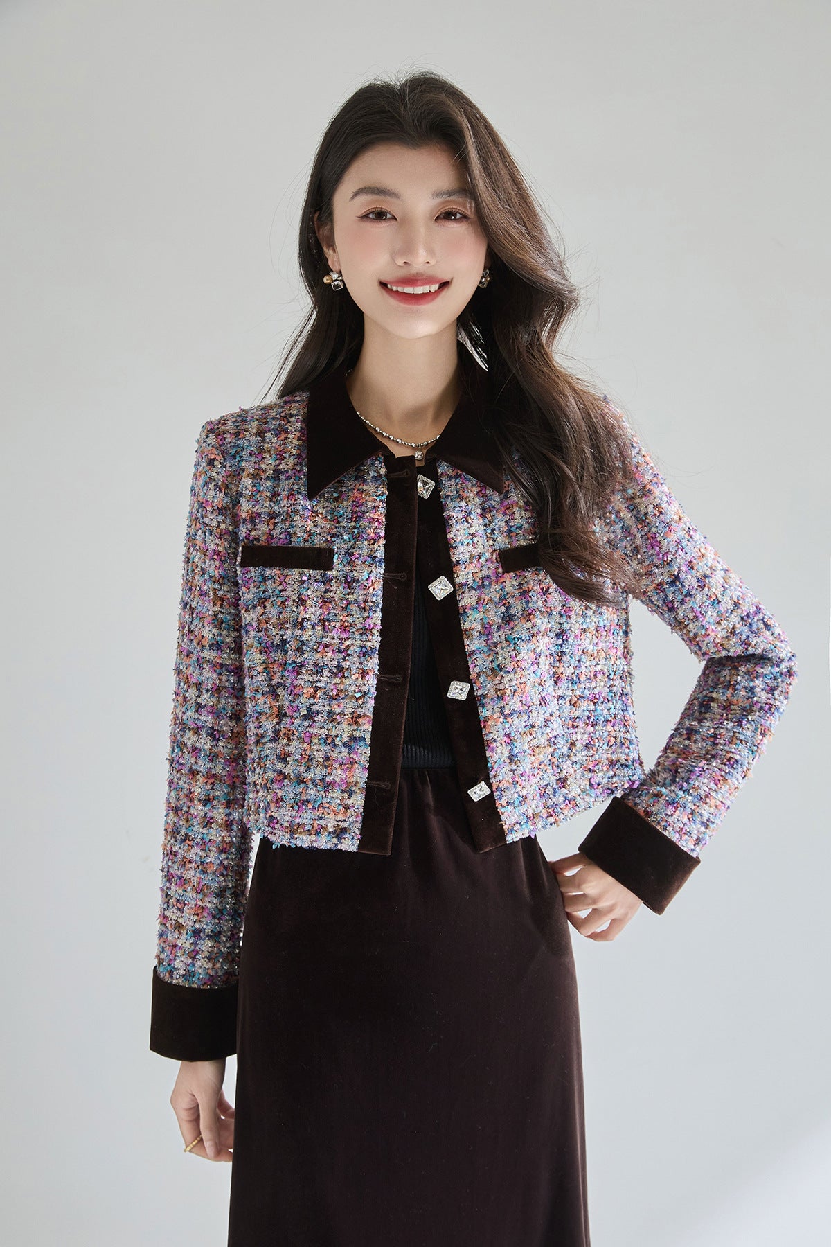 French-Style Multicolor Tweed Jacket | Elegant Women’s Blazer