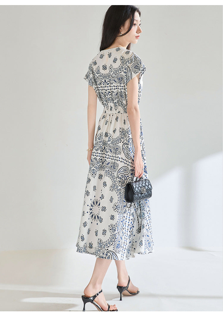 Summer Paisley Print Cotton Dress – Elastic Waist French Vintage Resort Dress
