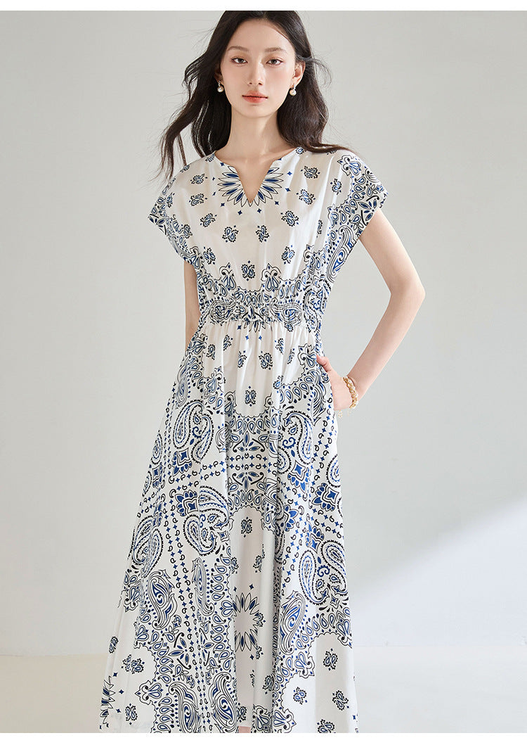 Summer Paisley Print Cotton Dress – Elastic Waist French Vintage Resort Dress