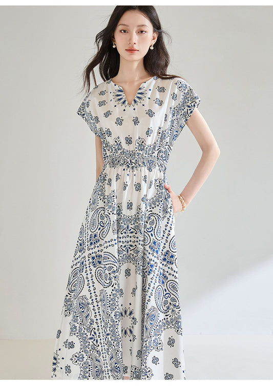 Summer Paisley Print Cotton Dress – Elastic Waist French Vintage Resort Dress