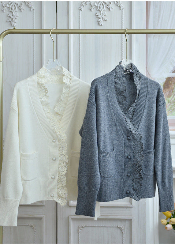 Women’s Lace Trim Wool Cardigan – V-Neck French Style Knit Jacket